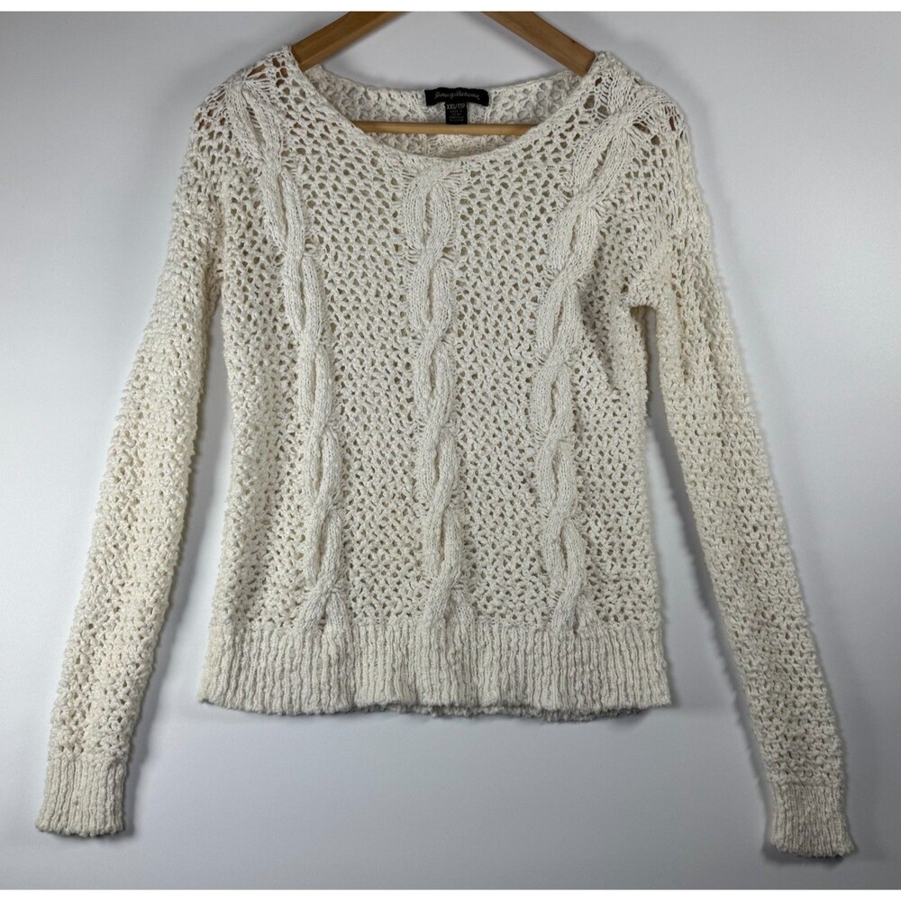 Tommy Bahama Womens‎ Sweater XS Ivory White Open Knit Cable Pullover Long Sleeve